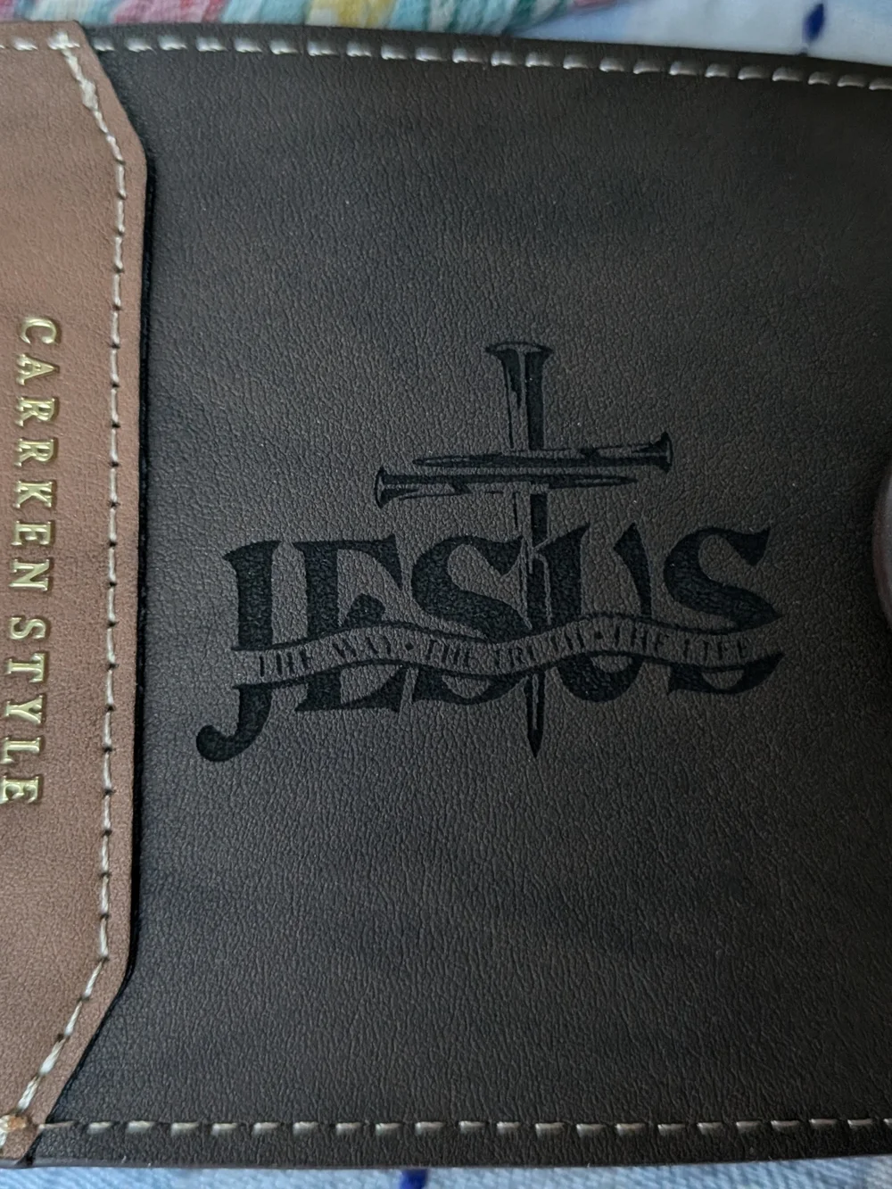 Men's Gray & Tan Wallet with 'Jesus' Embossed Design